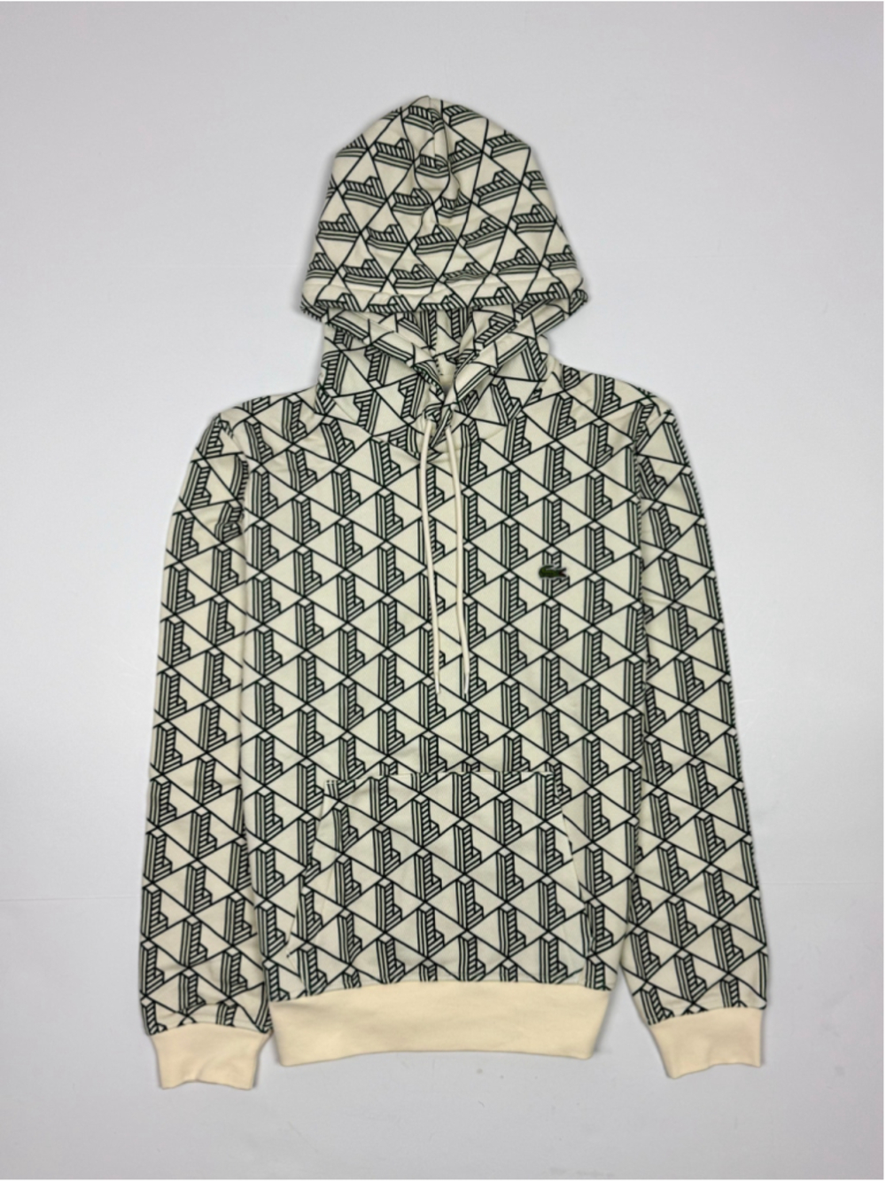 NWOT Lacoste Monogram Fleece Hoodie Geometric L All Over Print Green Cream S